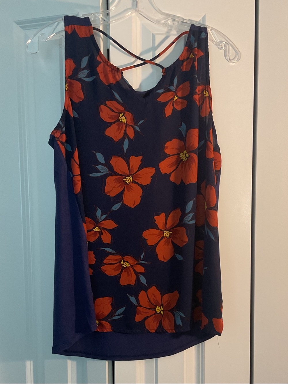 Fortune + Ivy Navy Floral Sleeveless Cami Tunic with Crisscross Back